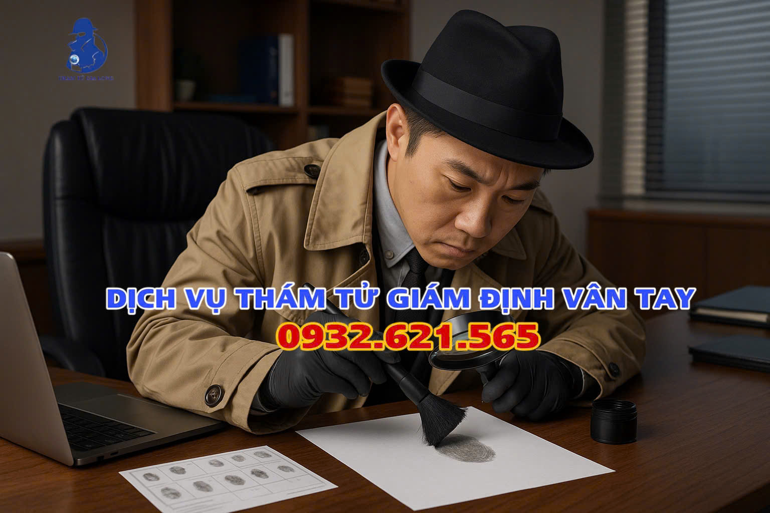 thám tử giám định vân tay đang phân tích dấu vết bằng kính lúp